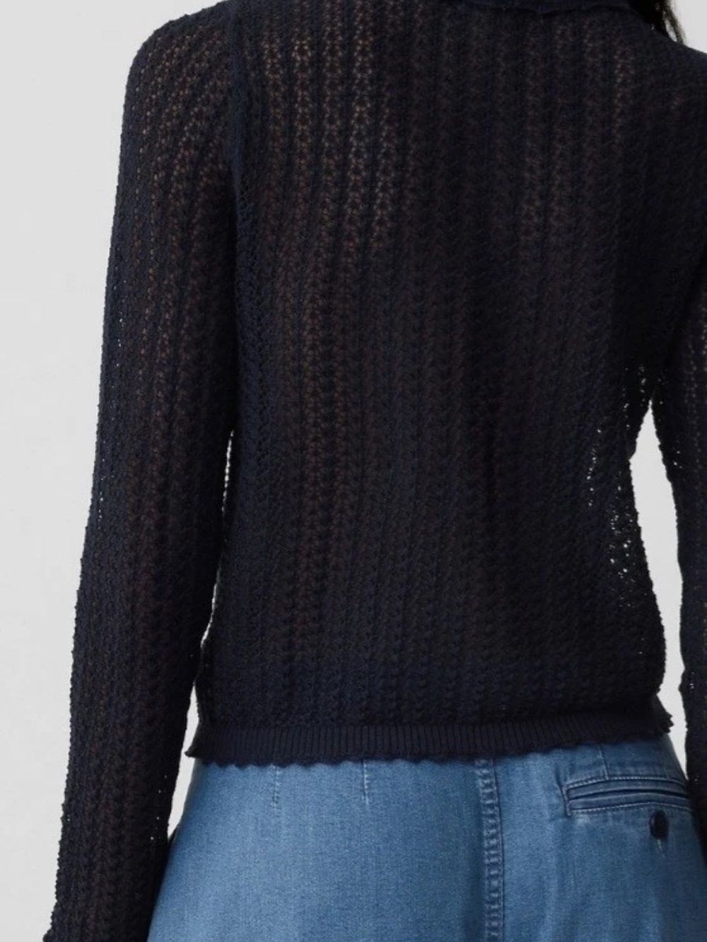 Navy Crochet Button-Front Sweater Cardigan with Tie Collar - Picture 3 of 4